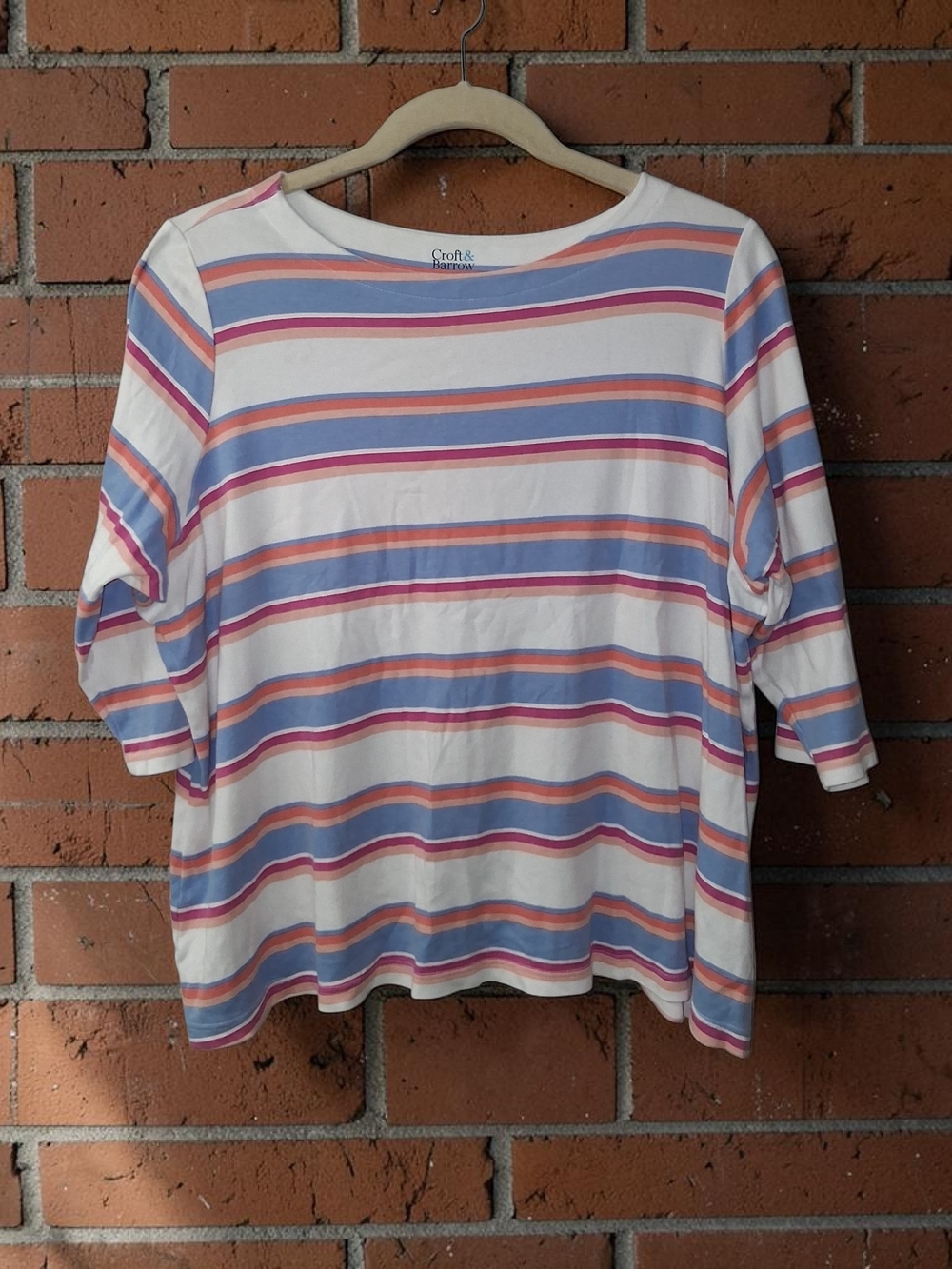 croft & barrow White Long Sleeve Boatneck Top with Blue and Pink Stripes